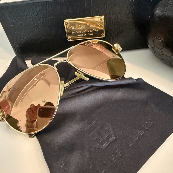 Philipp Plein “Skully” Gold Aviator Sunglasses